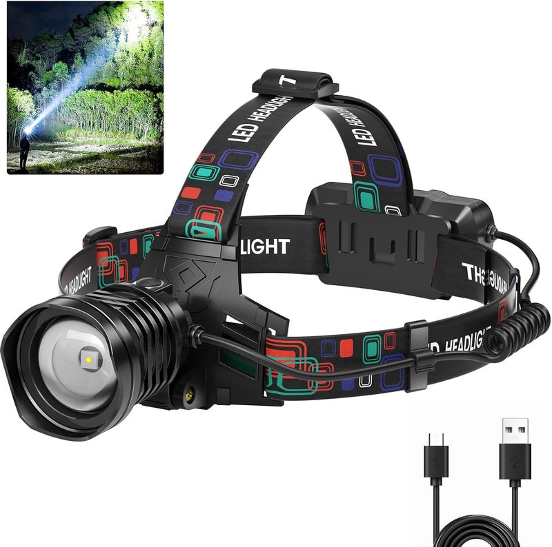 azamine Rechargeable Headlamp Super Bright 99000 Lumens, LED Head Lamp with 3 Modes, 90° Adjustable Head Lights for Forehead, IPX6 Waterproof HeadLamps for Adults Camping Hunting Hiking - Image 1